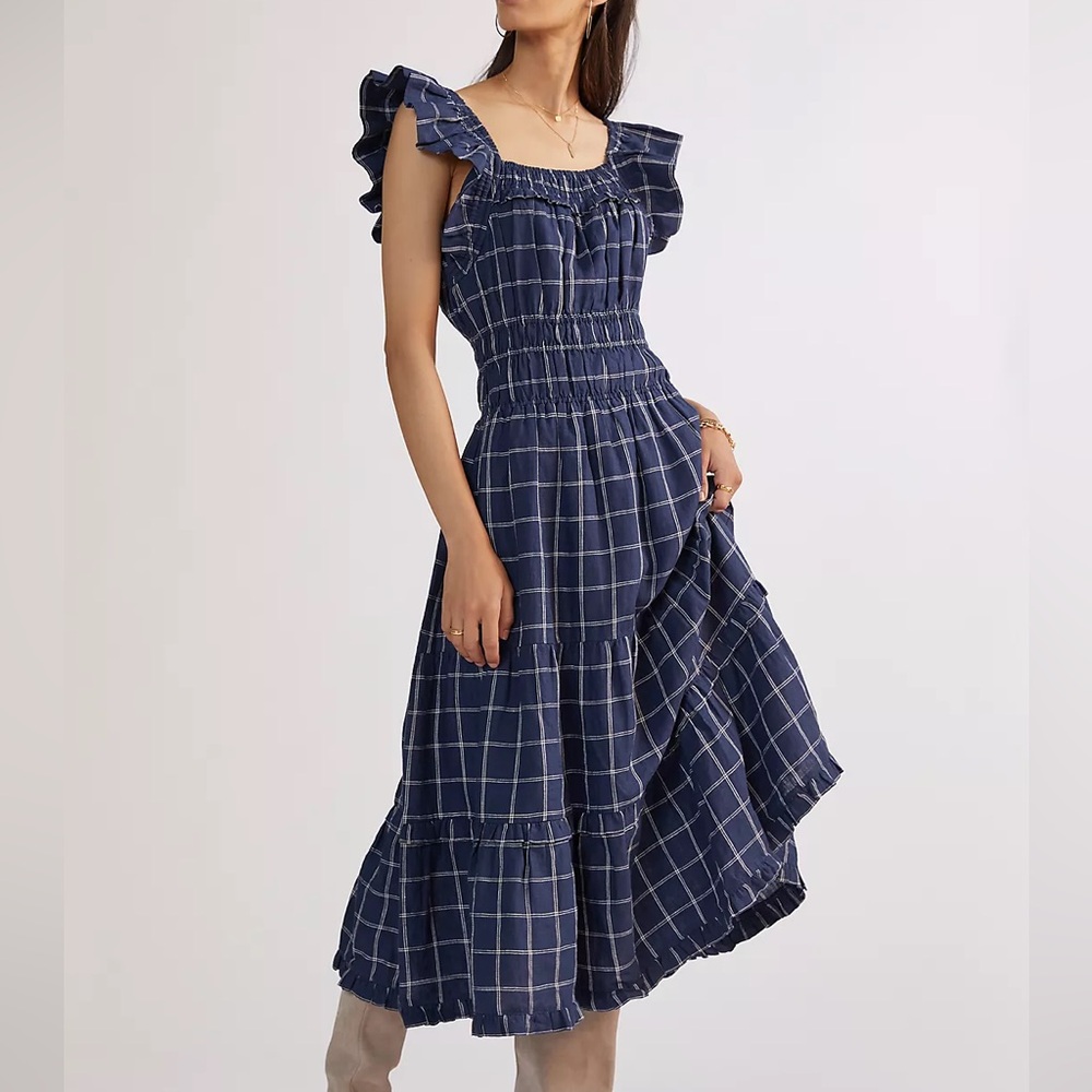 Anthropologie Magali Pascal Ruffled Linen Midi Dress Windowpane Large Wedding